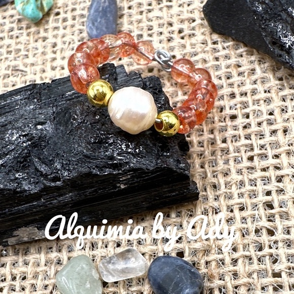 Freshwater ring band pearl cherry quartz beaded handmade ring bohemian - Picture 1 of 3